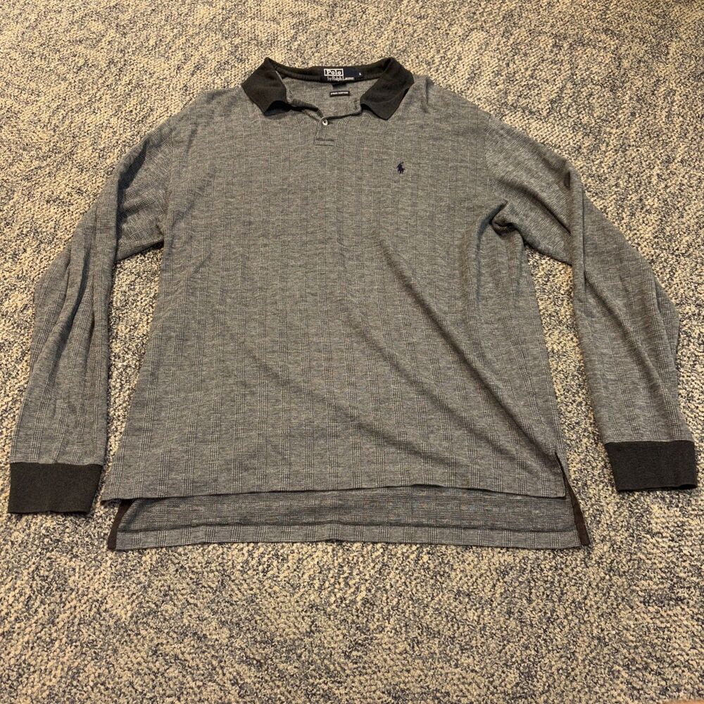 POLO RALPH LAUREN Men's L Pima Cotton Long Sleeve Polo Shirt Gray Plaid Peru
